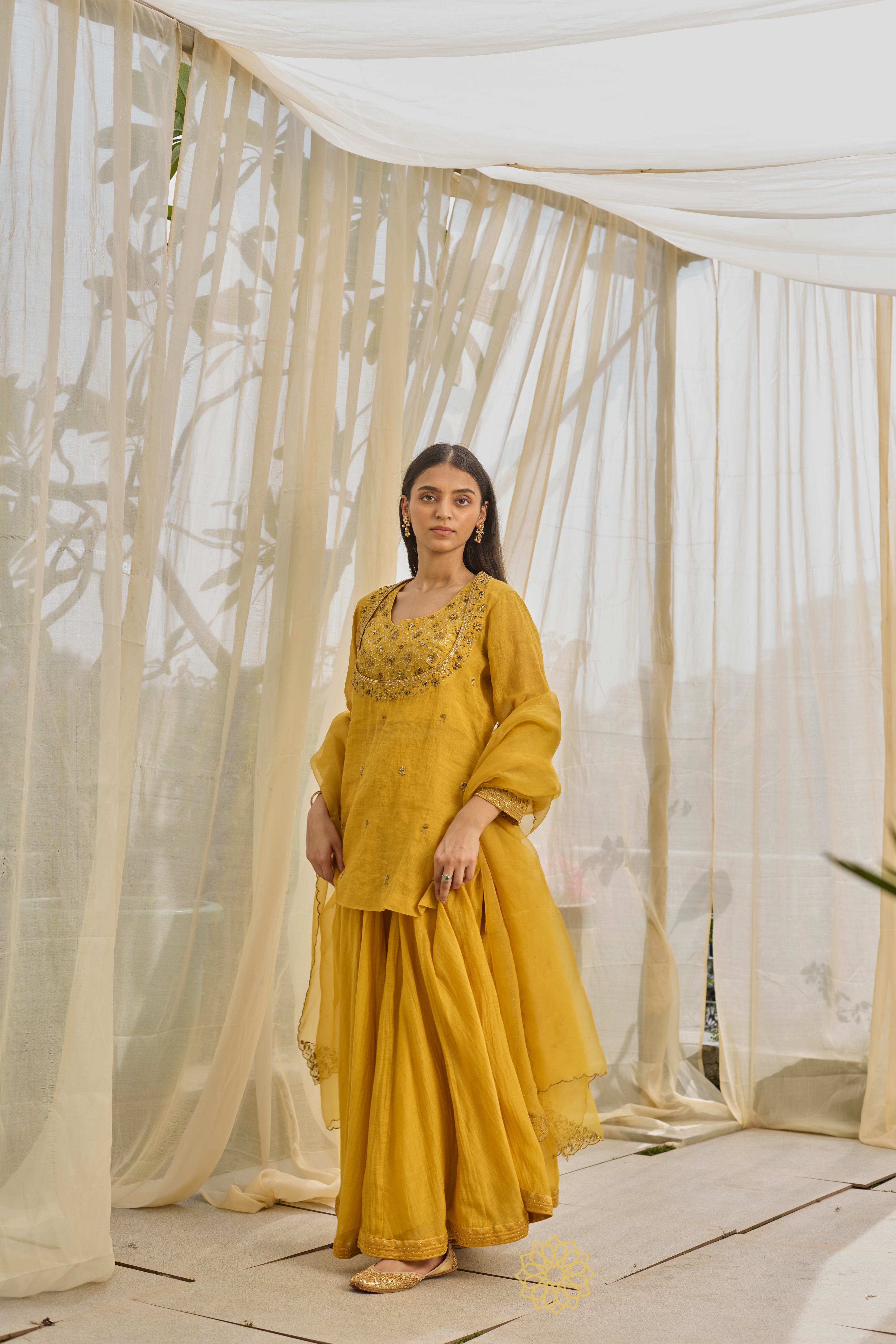 KIRAN - Mustard Yellow Tissue Chanderi Blouse & Kurta, Tonal Mul Chanderi Sharara with Scalloped Organza Dupatta