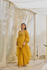 Load image into Gallery viewer, KIRAN - Mustard Yellow Tissue Chanderi Blouse &amp; Kurta, Tonal Mul Chanderi Sharara with Scalloped Organza Dupatta
