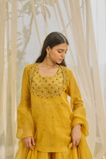 Load image into Gallery viewer, KIRAN - Mustard Yellow Tissue Chanderi Blouse &amp; Kurta, Tonal Mul Chanderi Sharara with Scalloped Organza Dupatta
