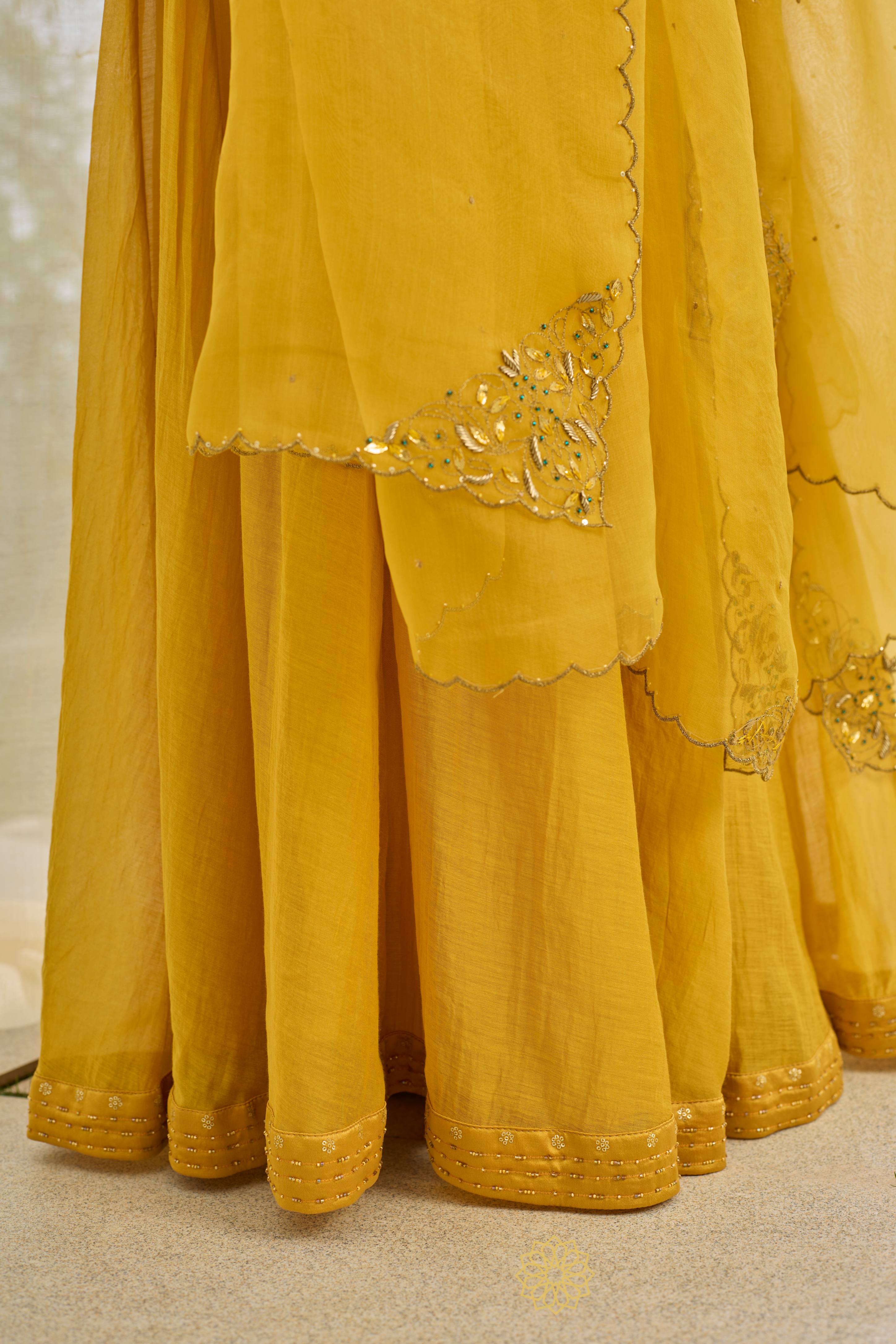 KIRAN - Mustard Yellow Tissue Chanderi Blouse & Kurta, Tonal Mul Chanderi Sharara with Scalloped Organza Dupatta