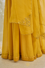 Load image into Gallery viewer, KIRAN - Mustard Yellow Tissue Chanderi Blouse &amp; Kurta, Tonal Mul Chanderi Sharara with Scalloped Organza Dupatta
