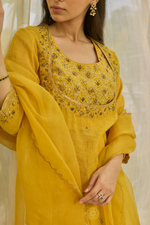 Load image into Gallery viewer, KIRAN - Mustard Yellow Tissue Chanderi Blouse &amp; Kurta, Tonal Mul Chanderi Sharara with Scalloped Organza Dupatta
