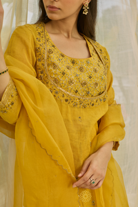 KIRAN - Mustard Yellow Tissue Chanderi Blouse & Kurta, Tonal Mul Chanderi Sharara with Scalloped Organza Dupatta