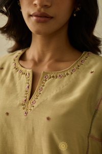 MEHRUN - Soft Green Chanderi Kalidar Kurta, Tonal Pants with  Floral Veil Embroidered Dupatta