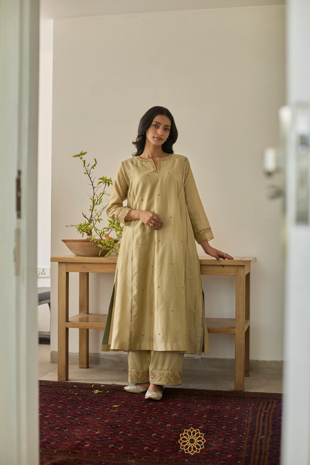 MEHRUN - Soft Green Chanderi Kalidar Kurta, Tonal Pants with Floral Ve