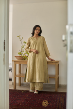 Load image into Gallery viewer, MEHRUN - Soft Green Chanderi Kalidar Kurta, Tonal Pants with  Floral Veil Embroidered Dupatta
