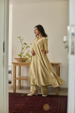 Load image into Gallery viewer, MEHRUN - Soft Green Chanderi Kalidar Kurta, Tonal Pants with  Floral Veil Embroidered Dupatta
