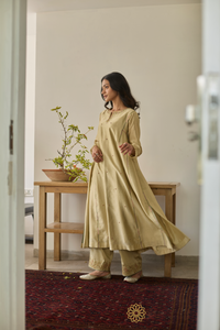 MEHRUN - Soft Green Chanderi Kalidar Kurta, Tonal Pants with  Floral Veil Embroidered Dupatta