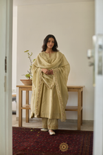 Load image into Gallery viewer, MEHRUN - Soft Green Chanderi Kalidar Kurta, Tonal Pants with  Floral Veil Embroidered Dupatta
