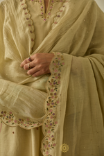 Load image into Gallery viewer, MEHRUN - Soft Green Chanderi Kalidar Kurta, Tonal Pants with  Floral Veil Embroidered Dupatta
