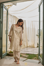 Load image into Gallery viewer, NAZM - Soft White Chanderi Kurta, Tonal Salwar with Mukaish Dupatta
