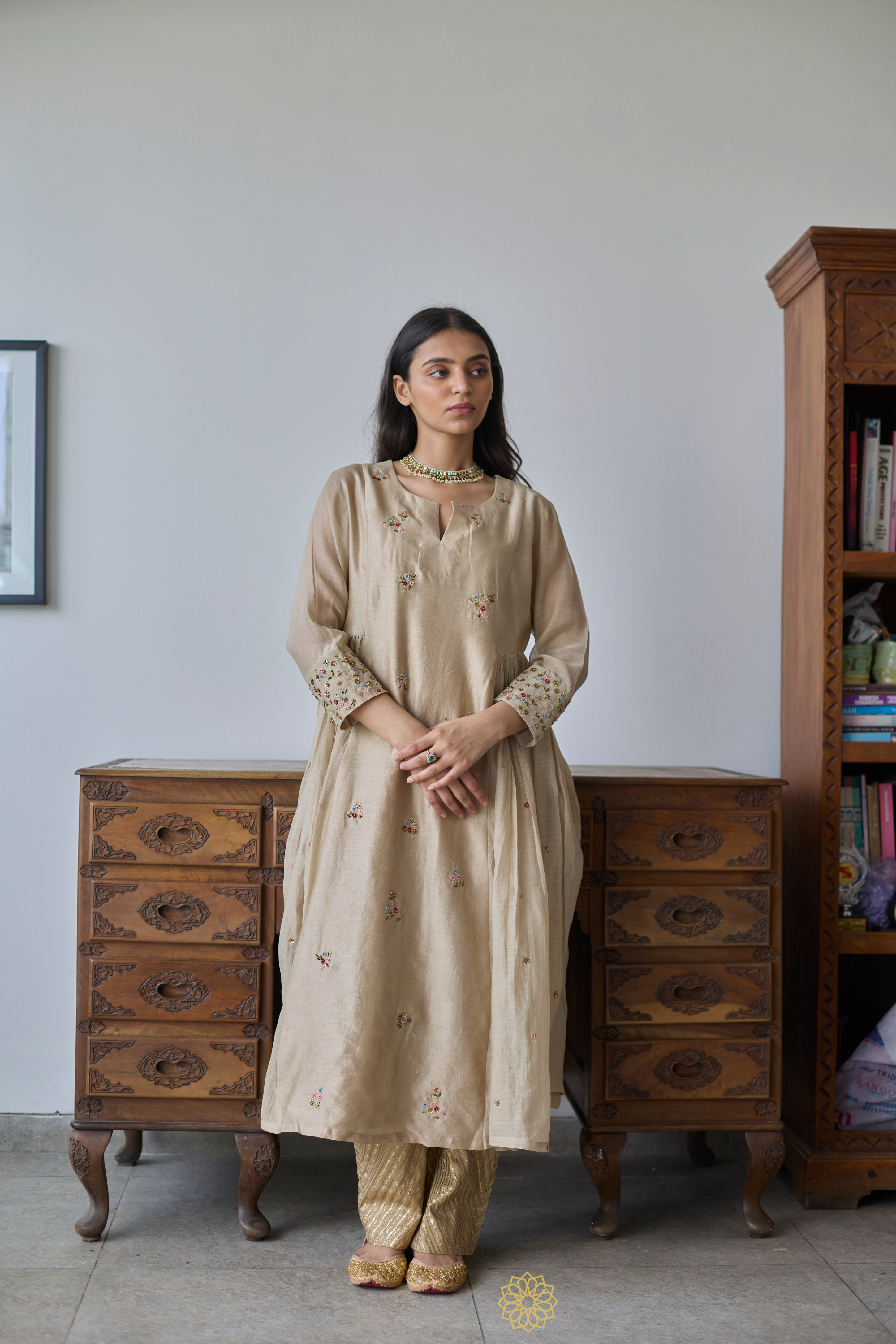 NAAZ - Almond Chanderi Anarkali, Tonal Pants with Floral Embroidered Kota Silk Dupatta