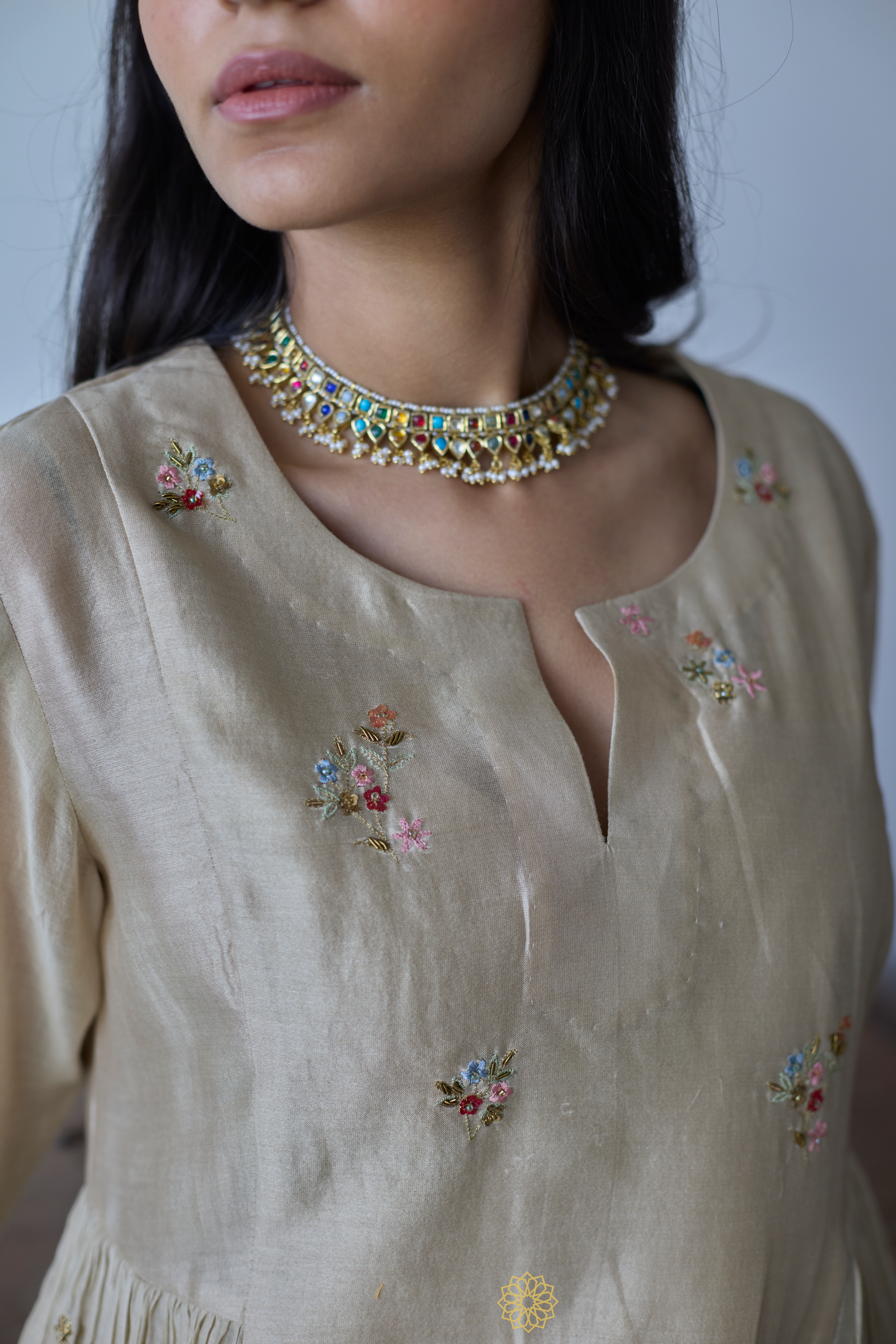 NAAZ - Almond Chanderi Anarkali, Tonal Pants with Floral Embroidered Kota Silk Dupatta