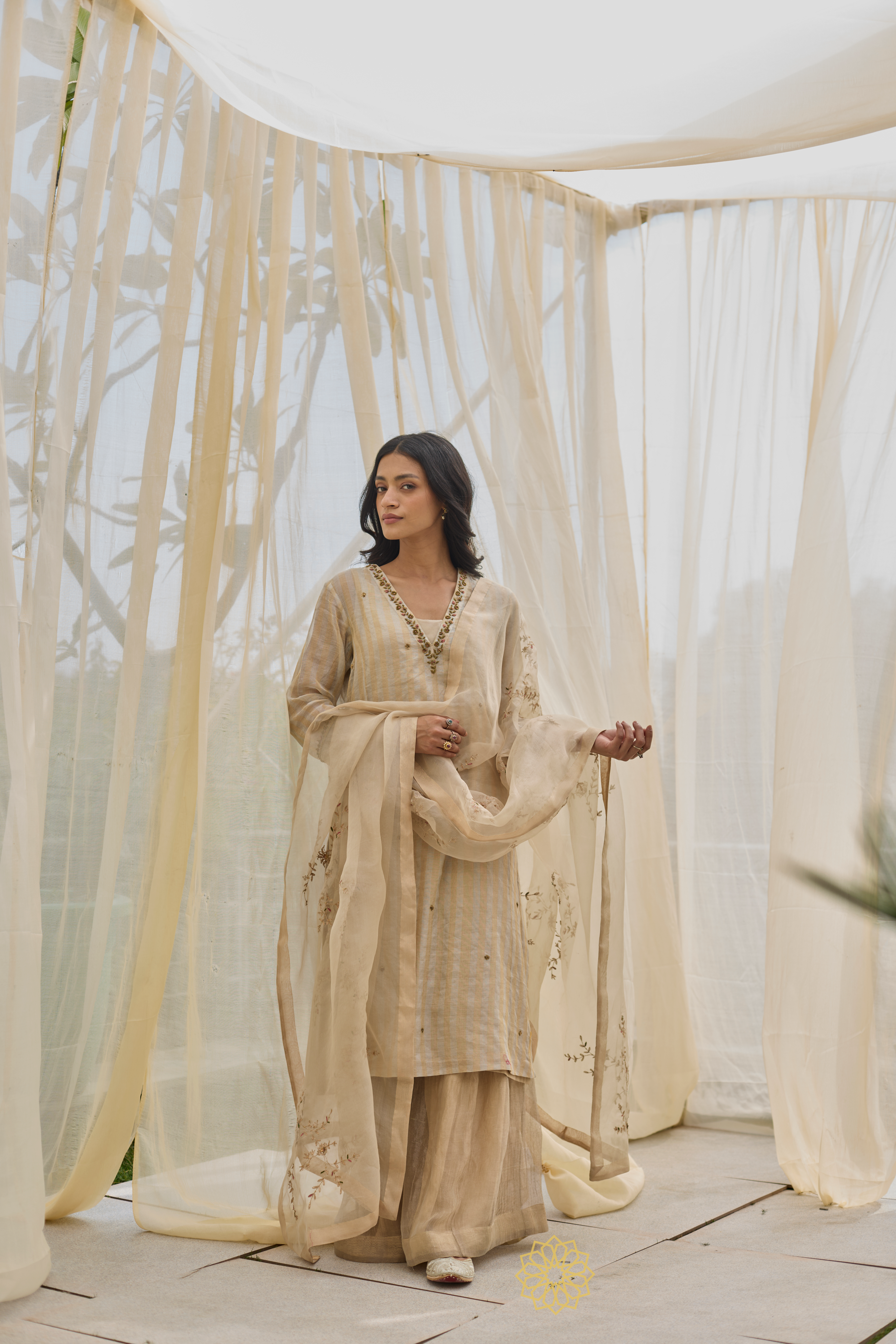 NURESA - Almond Gold Stripe Chanderi Kurta, Benarasi Silk Tissue Sharara with Floral Jaal Organza Dupatta