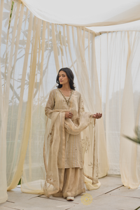 NURESA - Almond Gold Stripe Chanderi Kurta, Benarasi Silk Tissue Sharara with Floral Jaal Organza Dupatta