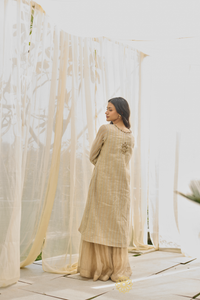 NURESA - Almond Gold Stripe Chanderi Kurta, Benarasi Silk Tissue Sharara with Floral Jaal Organza Dupatta