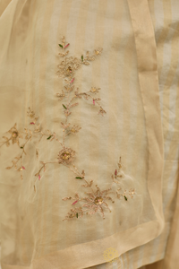 NURESA - Almond Gold Stripe Chanderi Kurta, Benarasi Silk Tissue Sharara with Floral Jaal Organza Dupatta