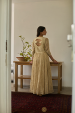 Load image into Gallery viewer, RAABTA - Almond Gold Chanderi Anarkali, Tonal Pants with Floral Motif Organza Dupatta
