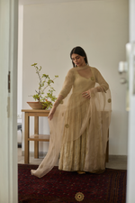 Load image into Gallery viewer, RAABTA - Almond Gold Chanderi Anarkali, Tonal Pants with Floral Motif Organza Dupatta
