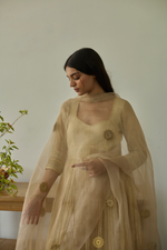 Load image into Gallery viewer, RAABTA - Almond Gold Chanderi Anarkali, Tonal Pants with Floral Motif Organza Dupatta
