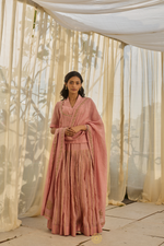 Load image into Gallery viewer, RUHMA- Soft Pink Mul Chanderi Kurta &amp; Blouse, Gota-Lined Lehenga with Mul Mukaish Dupatta
