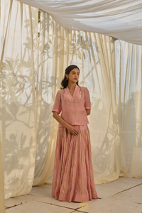 RUHMA- Soft Pink Mul Chanderi Kurta & Blouse, Gota-Lined Lehenga with Mul Mukaish Dupatta