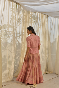 RUHMA- Soft Pink Mul Chanderi Kurta & Blouse, Gota-Lined Lehenga with Mul Mukaish Dupatta