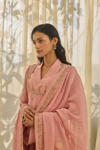 RUHMA- Soft Pink Mul Chanderi Kurta & Blouse, Gota-Lined Lehenga with Mul Mukaish Dupatta