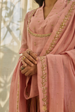 Load image into Gallery viewer, RUHMA- Soft Pink Mul Chanderi Kurta &amp; Blouse, Gota-Lined Lehenga with Mul Mukaish Dupatta
