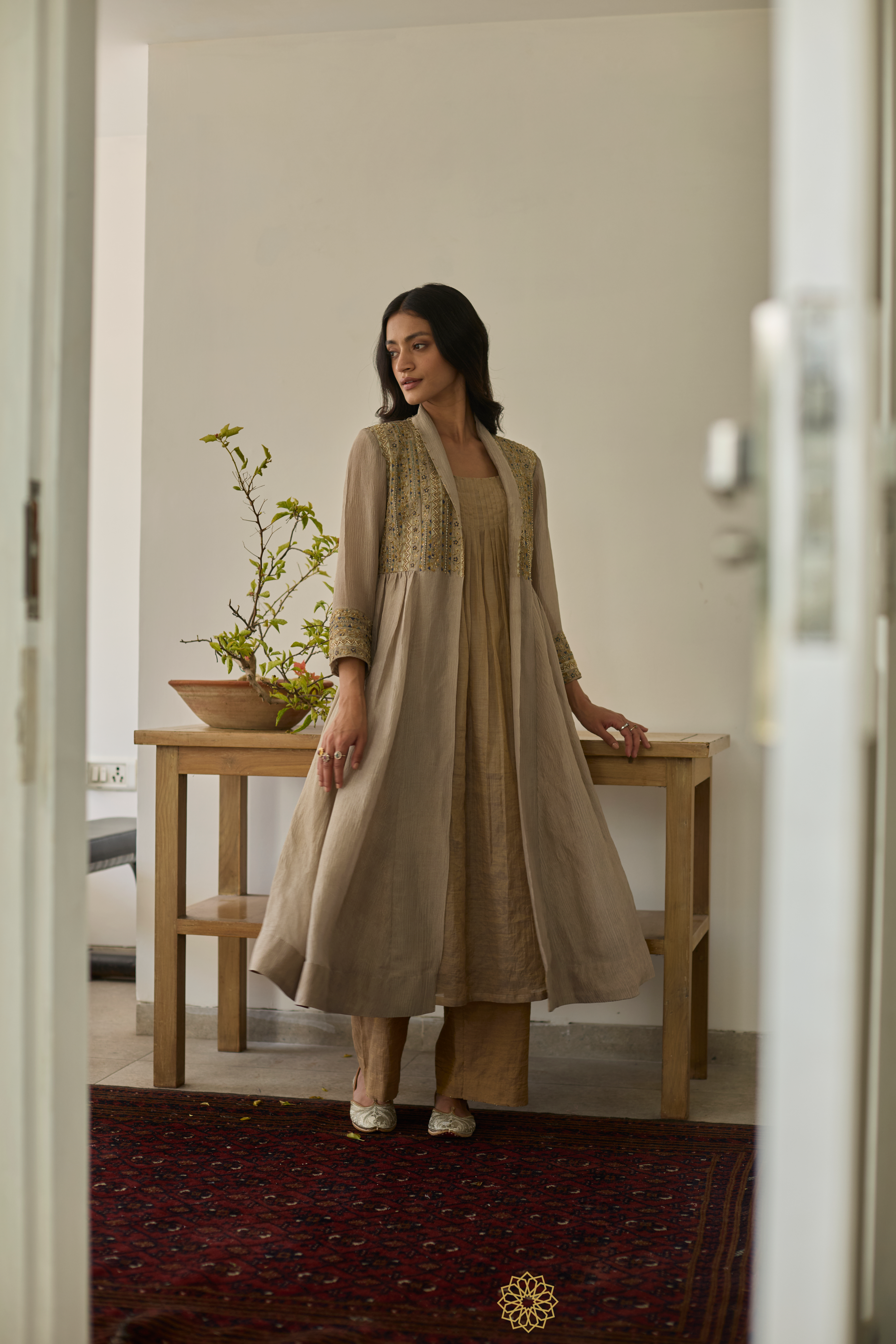 SANAT - Almond Tissue Chanderi Kurta & Pants, Tonal Crushed Silk Embroidered Jacket
