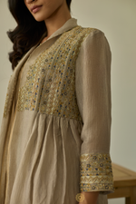 Load image into Gallery viewer, SANAT - Almond Tissue Chanderi Kurta &amp; Pants, Tonal Crushed Silk Embroidered Jacket
