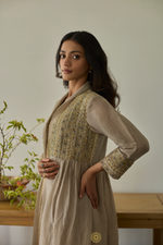 Load image into Gallery viewer, SANAT - Almond Tissue Chanderi Kurta &amp; Pants, Tonal Crushed Silk Embroidered Jacket
