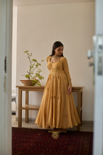 Load image into Gallery viewer, SAVI - Canary Yellow Mul Chanderi Anarkali, Tonal Pants with Floral Embroidered Organza Dupatta
