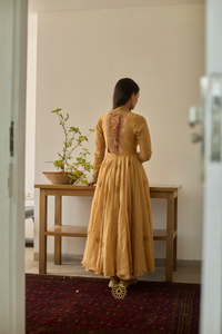 SAVI - Canary Yellow Mul Chanderi Anarkali, Tonal Pants with Floral Embroidered Organza Dupatta