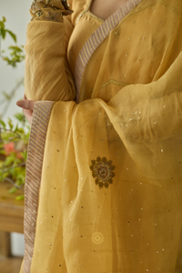 SAVI - Canary Yellow Mul Chanderi Anarkali, Tonal Pants with Floral Embroidered Organza Dupatta