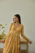 Load image into Gallery viewer, SAVI - Canary Yellow Mul Chanderi Anarkali, Tonal Pants with Floral Embroidered Organza Dupatta
