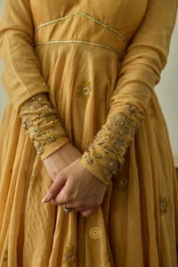 SAVI - Canary Yellow Mul Chanderi Anarkali, Tonal Pants with Floral Embroidered Organza Dupatta