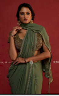 Anaira | Olive Green Chiffon Saree with Velvet Patch Pallu