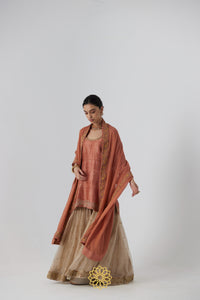 Tanira- A rust peach hand embroidered raw silk kurta with soft gold banarasi silk tissue sharara