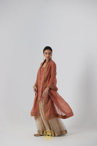 Tanira- A rust peach hand embroidered raw silk kurta with soft gold banarasi silk tissue sharara