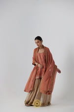 Load image into Gallery viewer, Tanira- A rust peach hand embroidered raw silk kurta with soft gold banarasi silk tissue sharara
