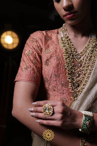 Yamini - Peach Chanderi Silk Blouse and Tonal Tissue Chanderi Lehenga with Organza Silk Panels Paired with Banarasi Silk Tissue Dupatta in Handcrafted in Ari-Zardozi Embroidery and Gota Appliques