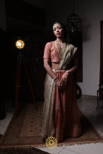Load image into Gallery viewer, Yamini - Peach Chanderi Silk Blouse and Tonal Tissue Chanderi Lehenga with Organza Silk Panels Paired with Banarasi Silk Tissue Dupatta in Handcrafted in Ari-Zardozi Embroidery and Gota Appliques
