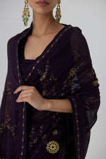 Load image into Gallery viewer, Yutika - An aubergine chiffon hand embroidered chiffon saree with tonal satin silk blouse
