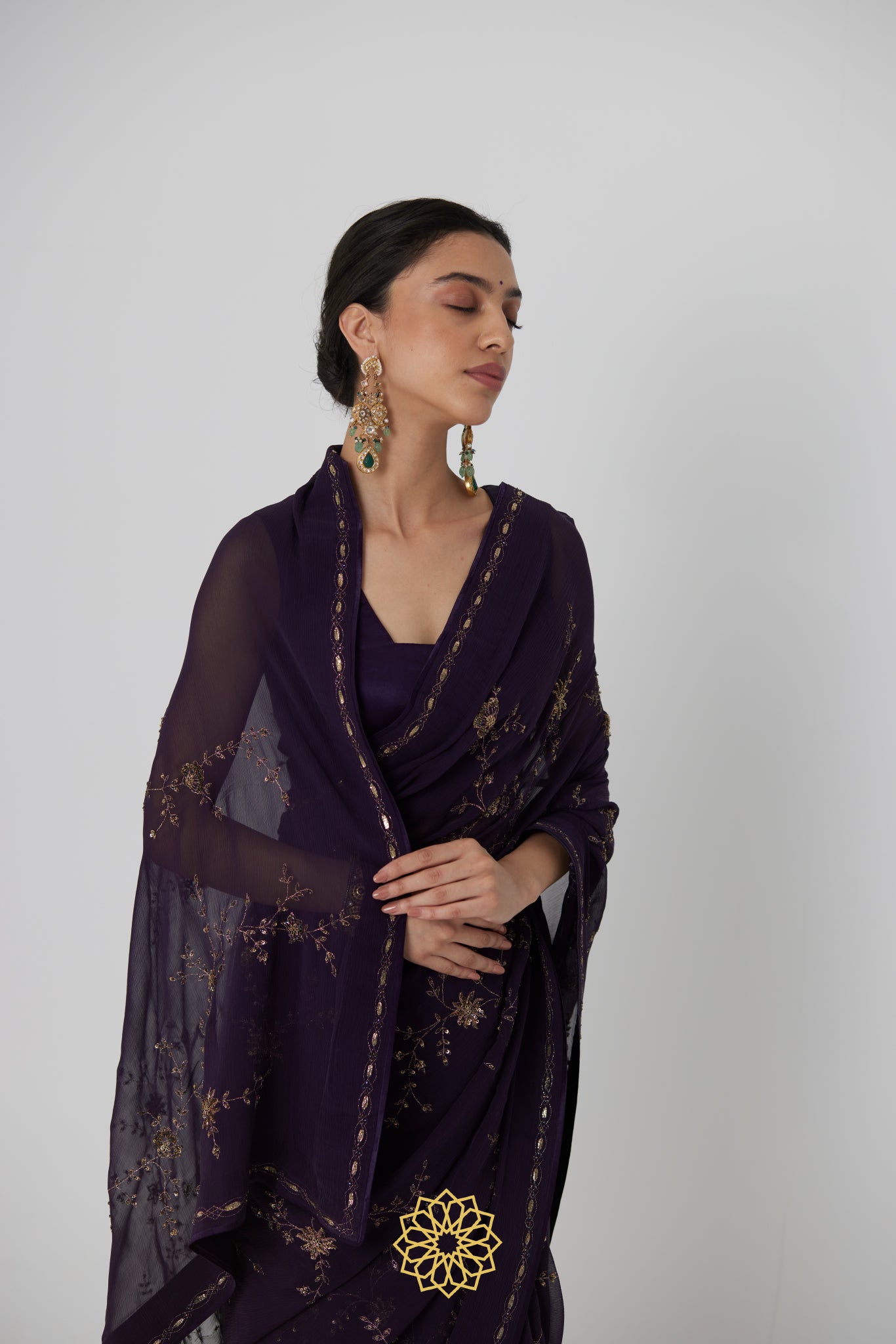 Yutika - An aubergine chiffon hand embroidered chiffon saree with tonal satin silk blouse