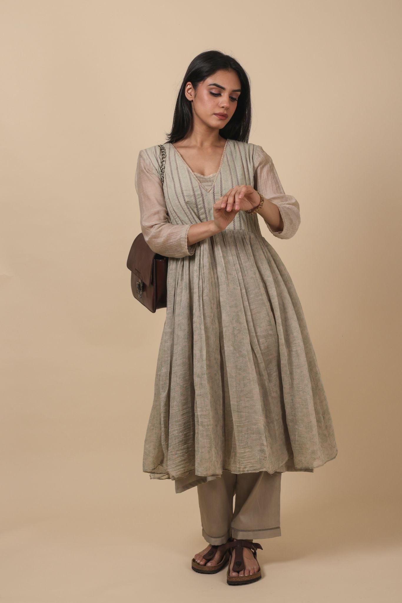 ANVI ALMOND HANDPRINTED CHANDERI ANARKALI