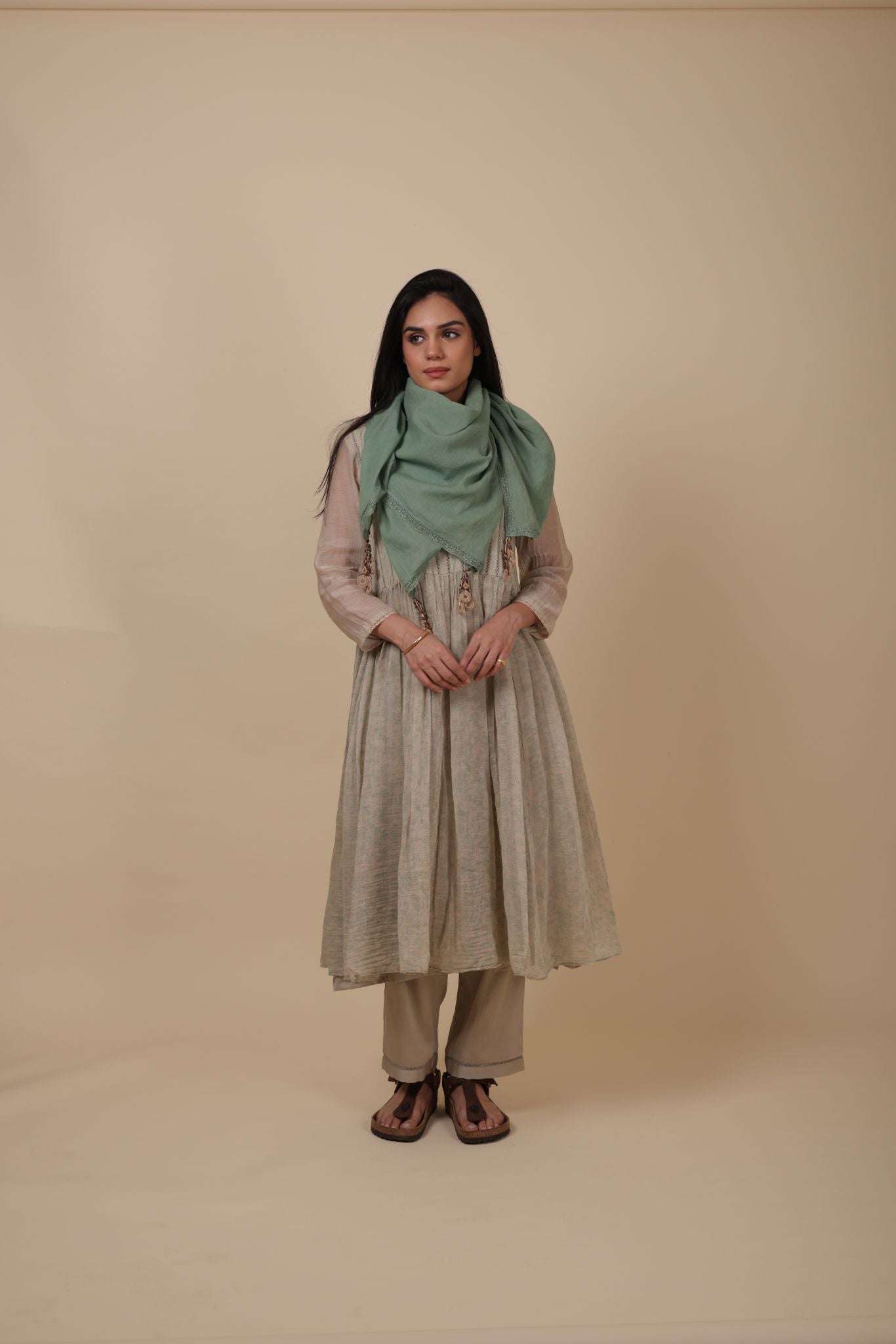 ANVI ALMOND HANDPRINTED CHANDERI ANARKALI