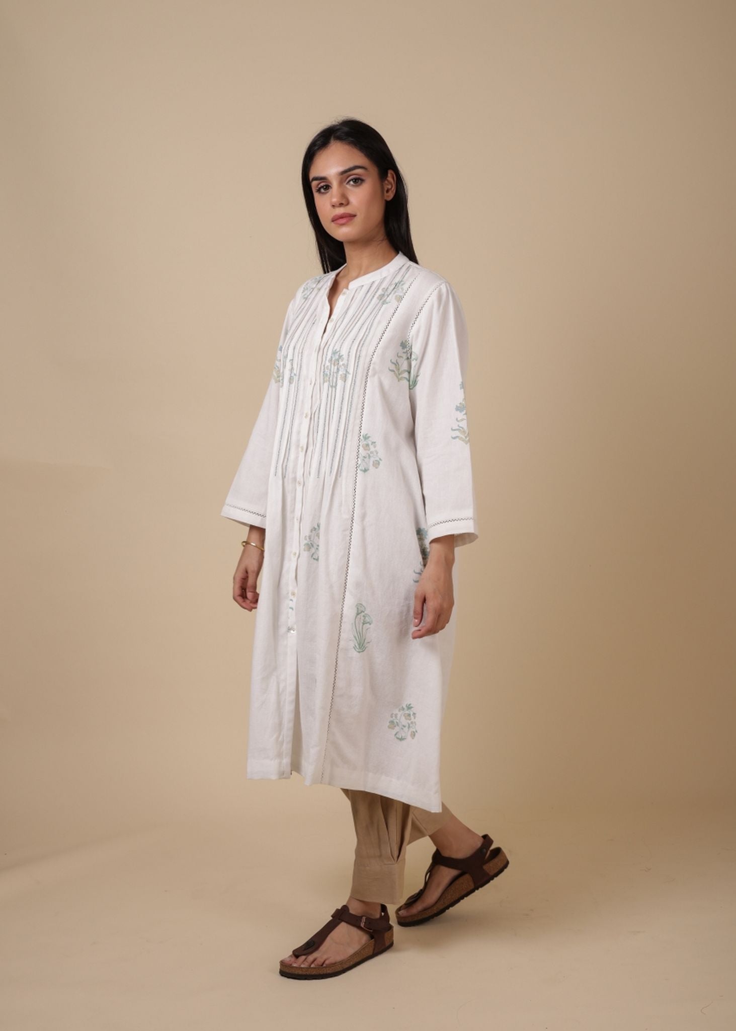 KARI WHITE BLOCK PRINTED COTTON LINEN KURTA