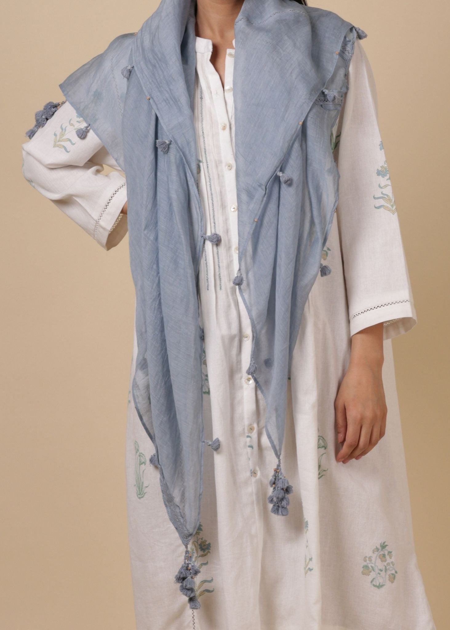 KARI WHITE BLOCK PRINTED COTTON LINEN KURTA