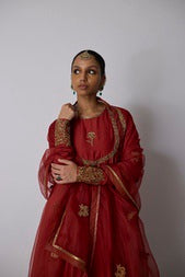 Madhavi |Rust red chanderi anarkali and sharara with an organza dupatta